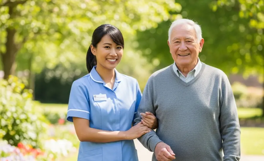 A PSW assisting a senior while smiling