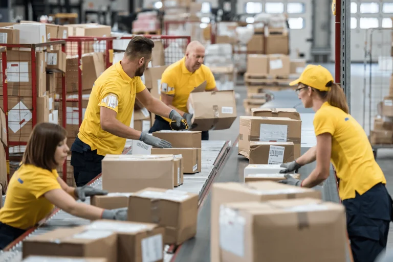 Personnel temporaire 8 warehouse workers working beside a converyor belt