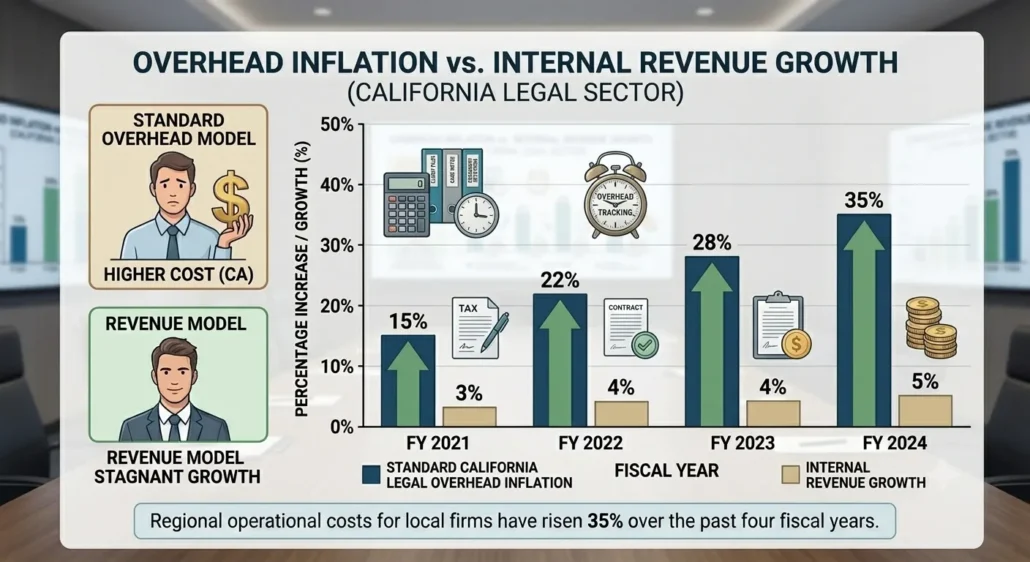 The BPO Services in California: Why Law Firms are Embracing Outsourcing 3 Bar graph showing the rise in California legal operating costs relative to firm revenue trends.