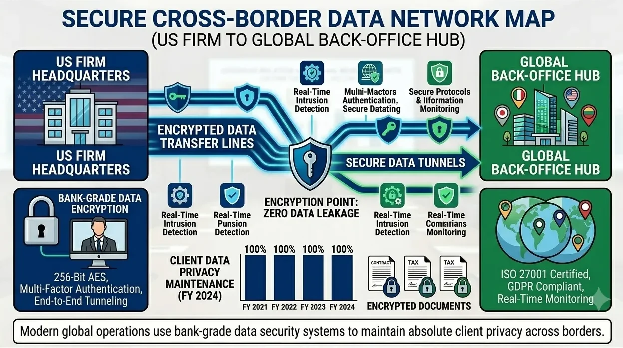 The BPO Services in California: Why Law Firms are Embracing Outsourcing 5 Network diagram showing secure cloud communication links for global offshore legal services.