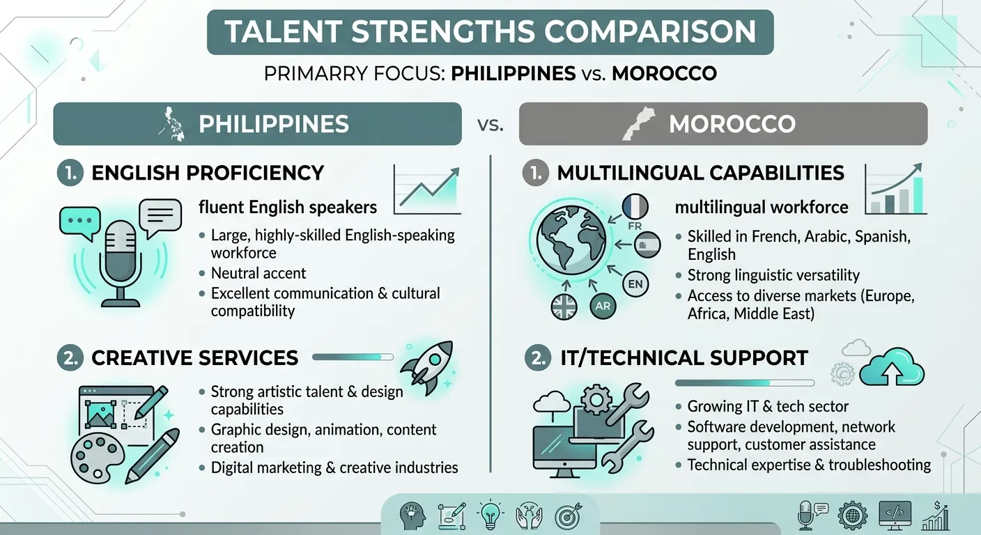 Key Positions You Can Hire Remotely in the Philippines and Morocco 3 Infographic comparing BPO services talent profiles in the Philippines and Morocco.