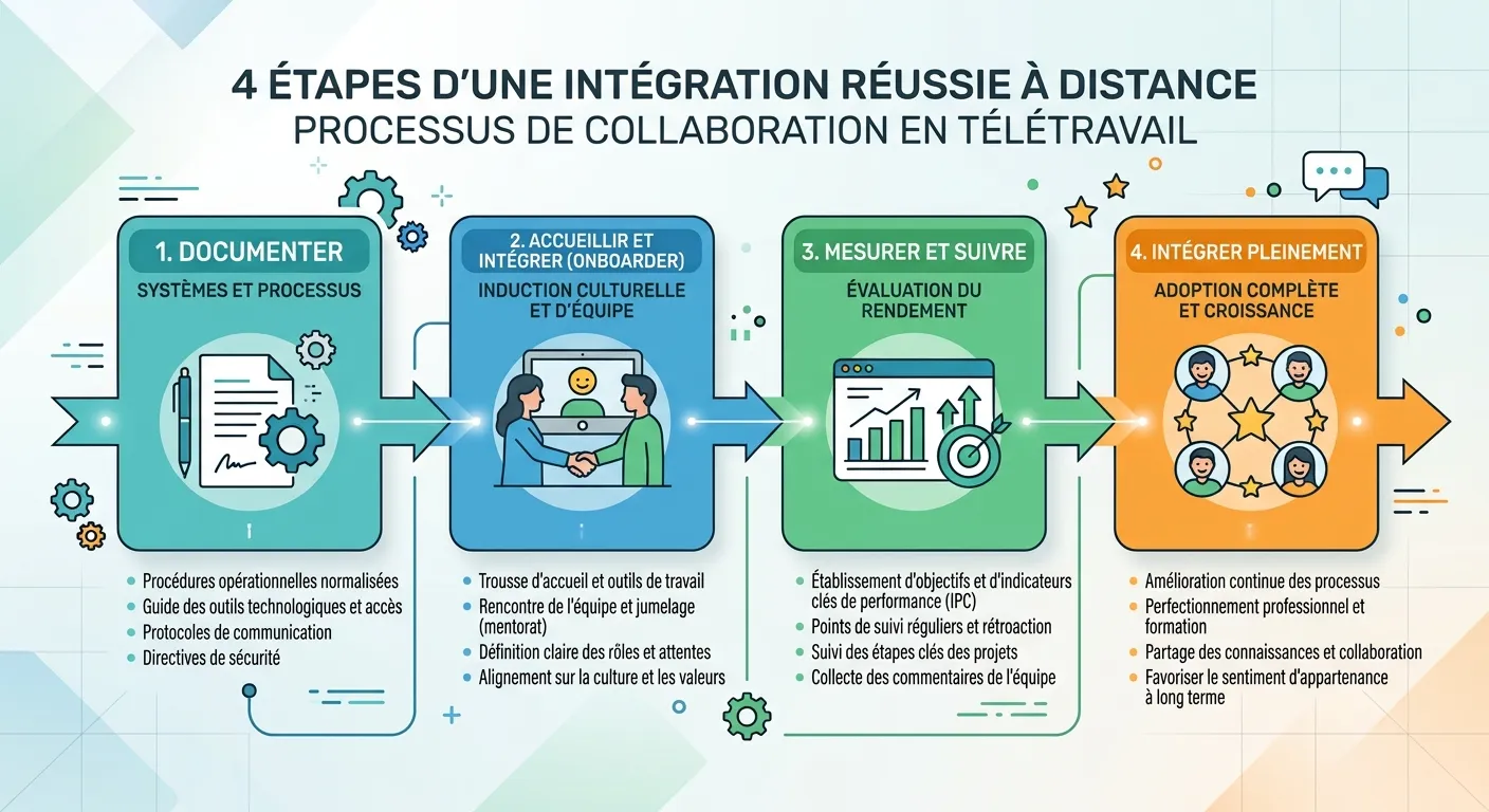 Infographie en français québécois détaillant le processus de collaboration en télétravail : Documenter systèmes, Accueillir et Intégrer, Mesurer et Suivre rendement, Intégrer Pleinement adoption complète et croissance.