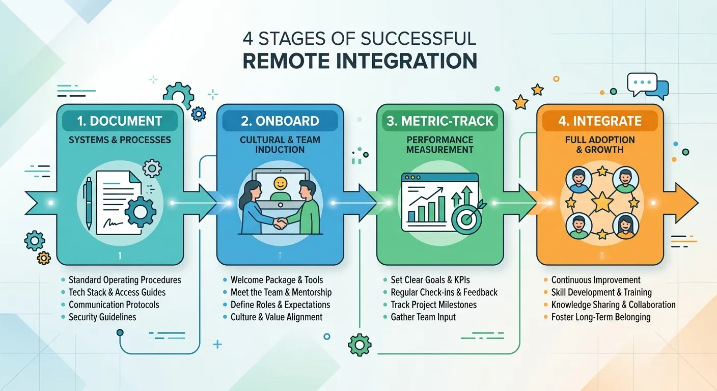 Key Positions You Can Hire Remotely in the Philippines and Morocco 4 Workflow diagram outlining the four stages of integrating global BPO talent.